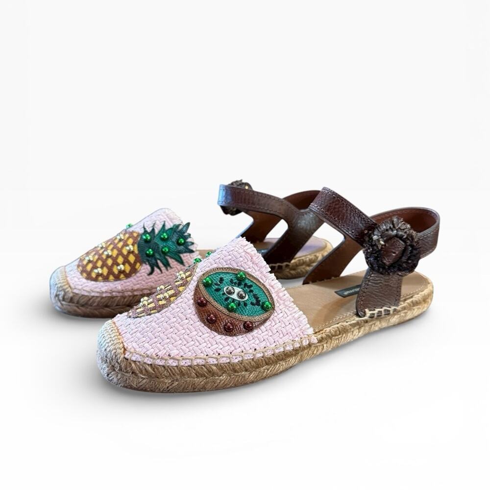Dolce & Gabbana Pineapple Kiwi Patch Raffia Espadrille Sandals EU 39 US 9